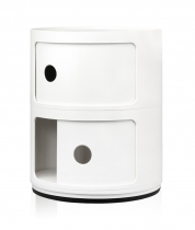 Meuble classique et sombre en cylindre blanc brillant avec deux étage. Il peut être utilisé comme tabouret si besoin ou de table d'appoint.